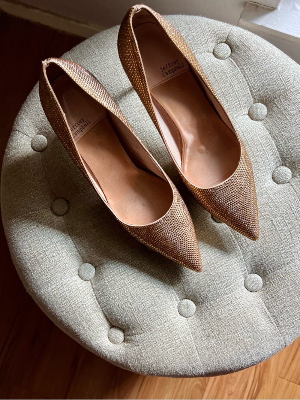 Jeffrey Campbell Gold Crystal Stiletto Heels | Vintage-Inspired Glamour | Size 8